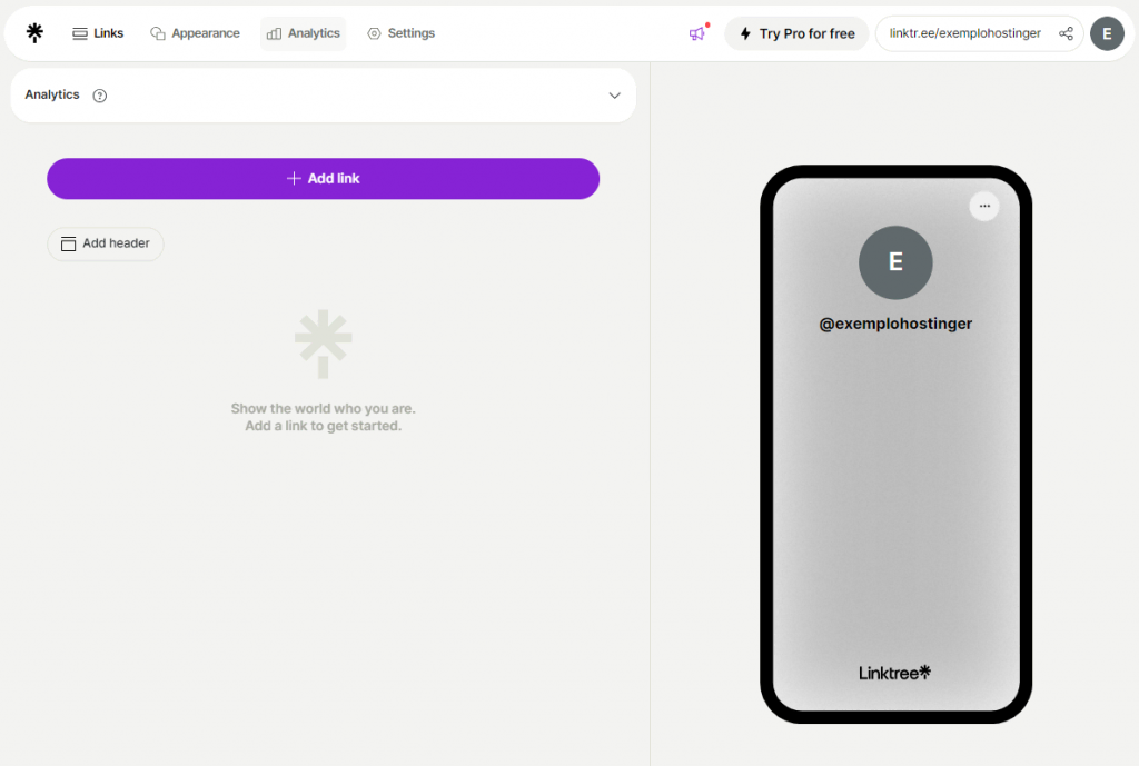 página de configuração do linktree