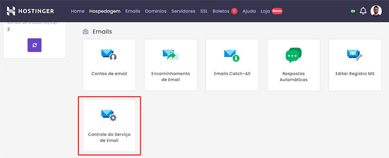 controle do serviço de email dentro do hpanel da hostinger