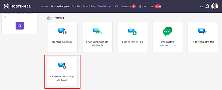 controle do serviço de email dentro do hpanel da hostinger