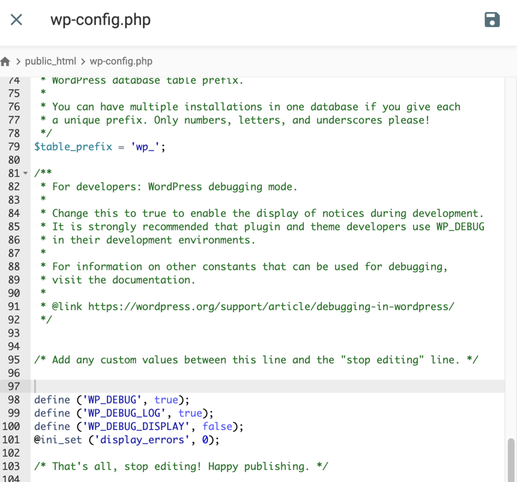 O conteúdo do arquivo wp-config.php. O código de depuração é adicionado