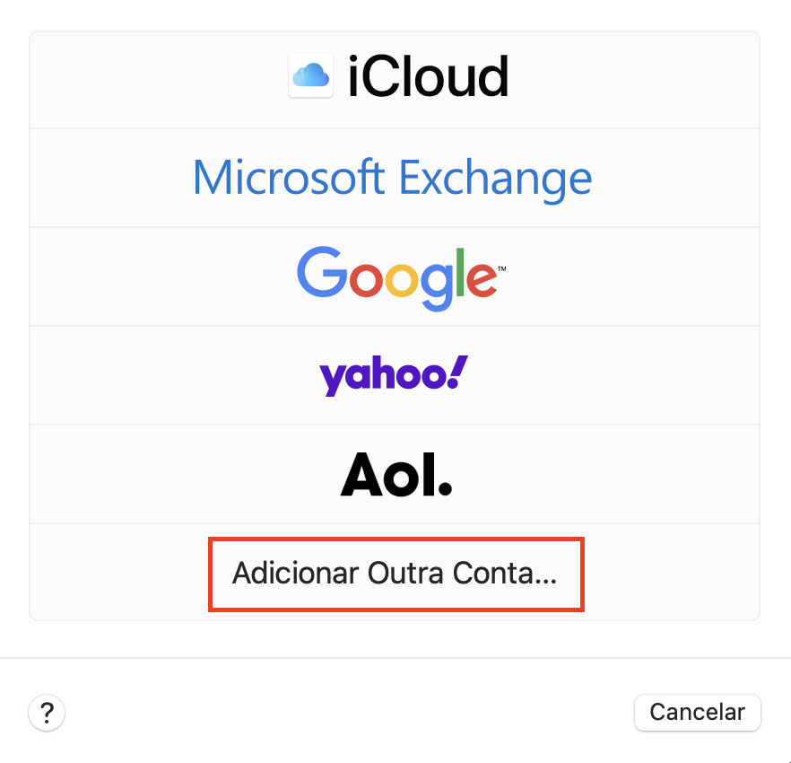adicionar outra conta na interface de configuração do apple mail