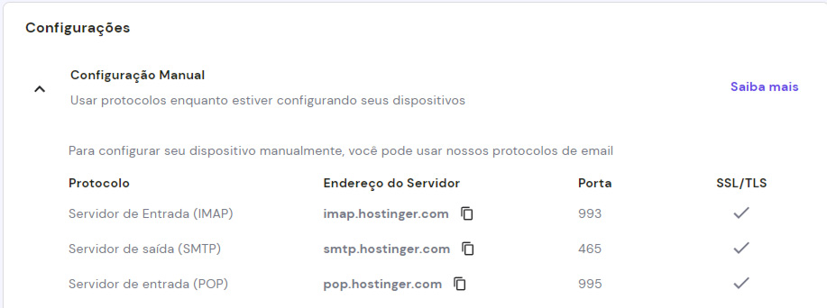 configuracoes pop e imap do email da hostinger