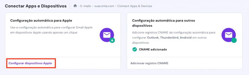 configurar dispositivos apple na seção email do hpanel