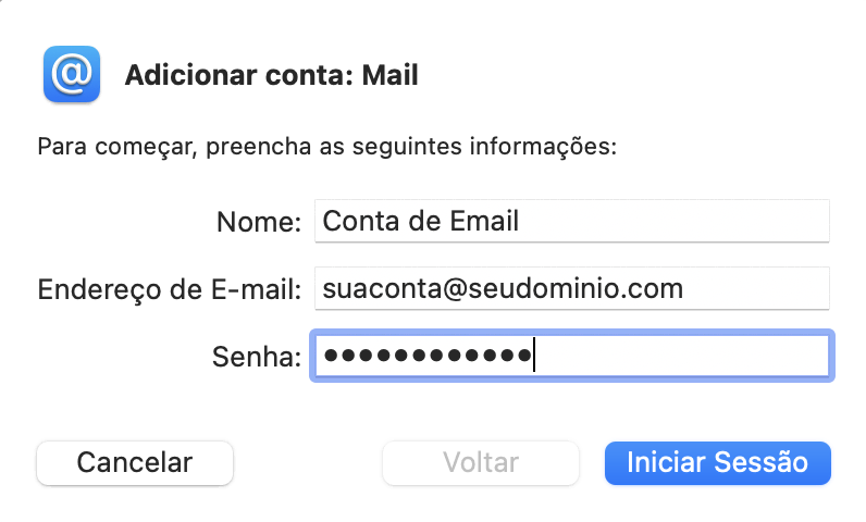 adicionando conta de email ao Mac mail