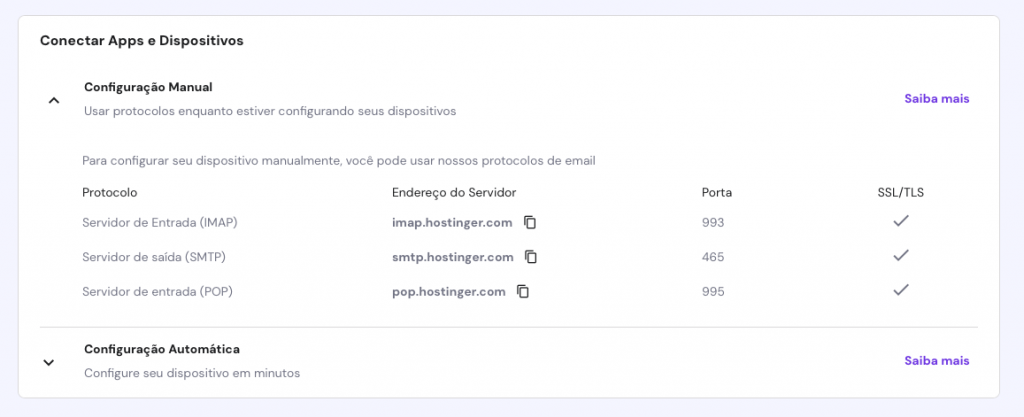 dados imap, pop3 e smtp da conta de email profissional no hpanel