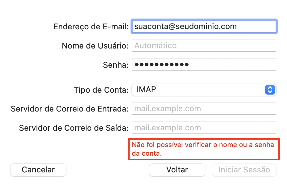 erro ao adicionar conta de email da hostinger no Mac