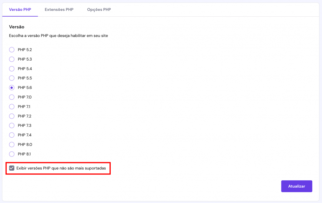 A página de configuração do PHP no hPanel. O botão Versões mais antigas do PHP está destacado