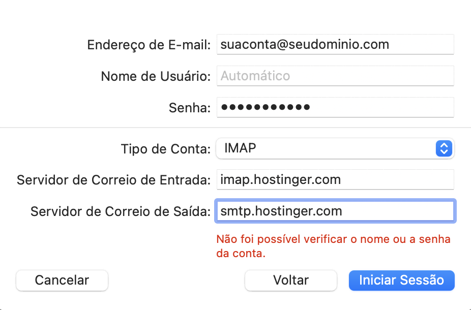 adicionando dados de imap e smtp a conta de email da hostinger no Mac