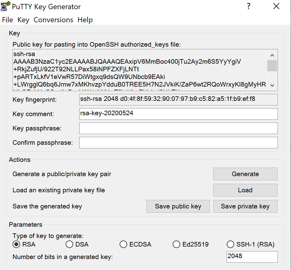 chaves geradas no  putty key generator