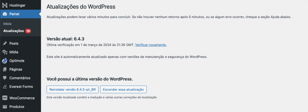 painel de atualizações do wordpress mostrando versão mais recente instalada