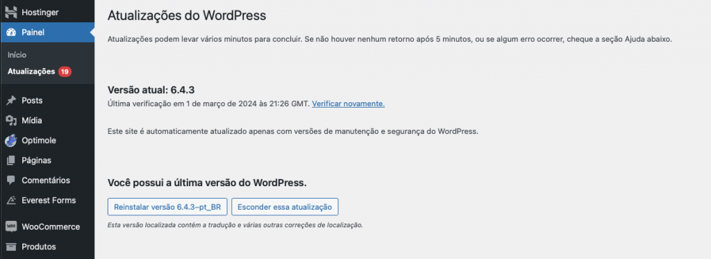 painel de atualizações do wordpress mostrando versão mais recente instalada