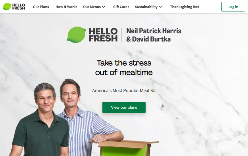 A página inicial do Hello Fresh, um serviço de assinatura de kit de refeição