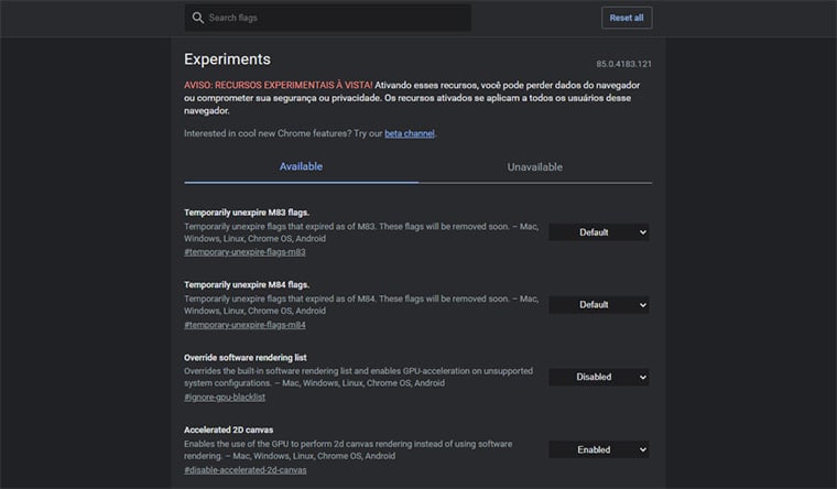flags e recursos experimentais do google chrome