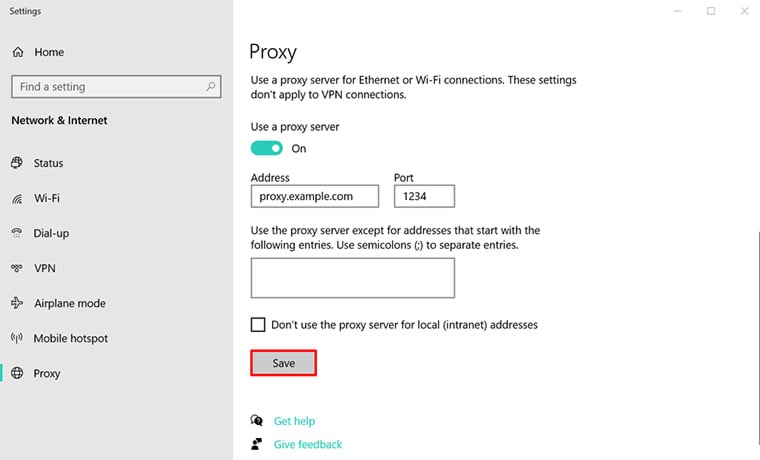 configurações de servidor proxy do windows