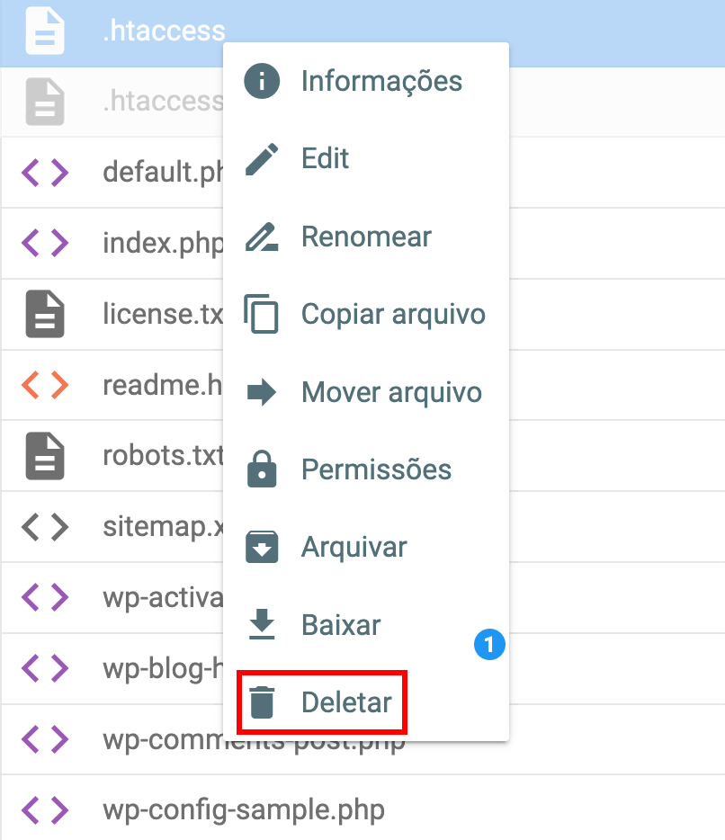 Gerente de arquivos do Hostinger. O botão apagar para o arquivo .htaccess é destacado