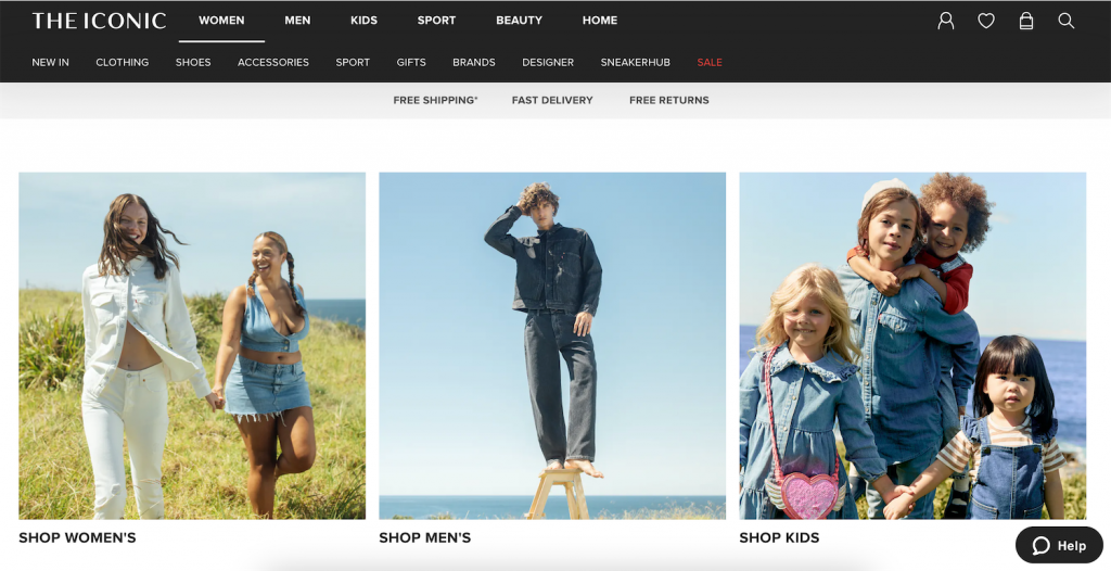 página inicial da the iconic, e-commerce de moda australiana