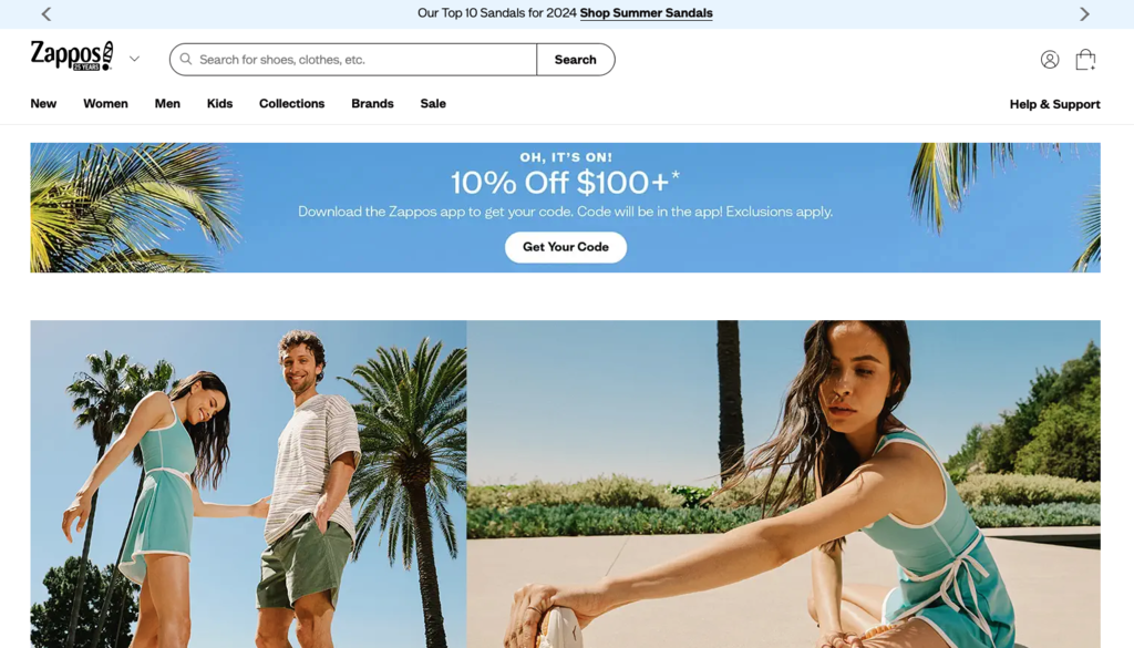 captura de tela da página inicial do e-commerce zappos