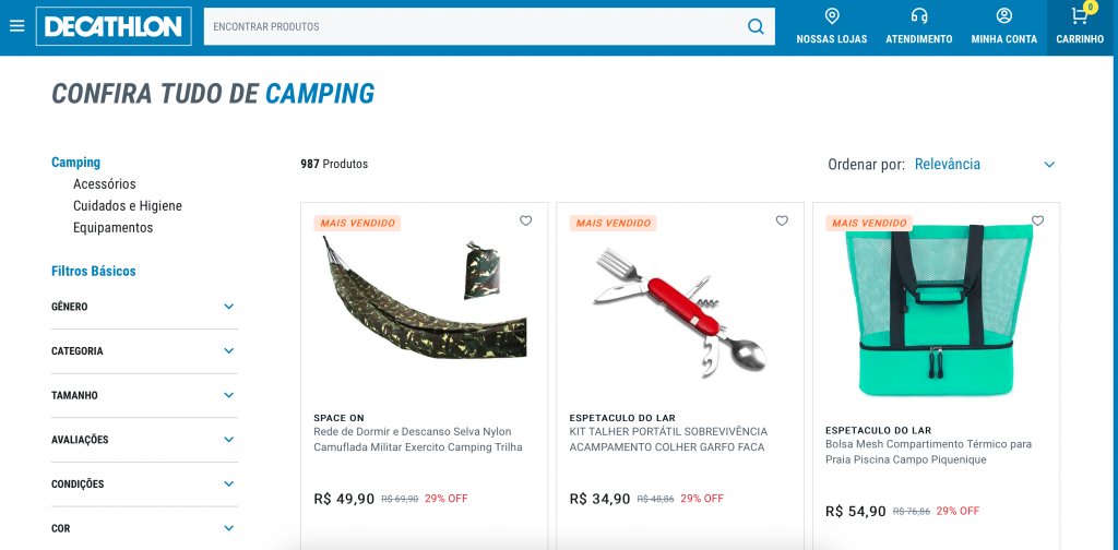 página de equipamentos para camping na decathlon