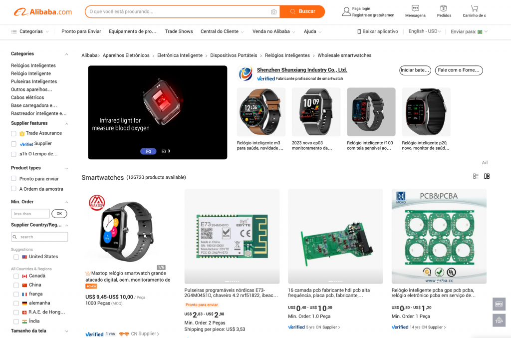 página da Alibaba com smartwatches
