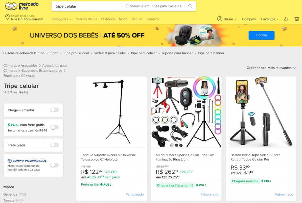 página do mercado livre com tripés para celular