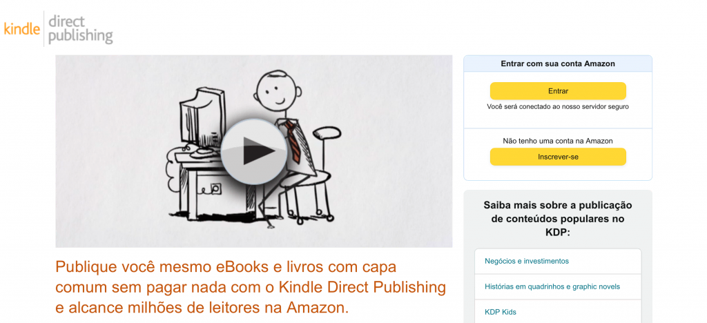 página inicial do Amazon Kindle direct publishing