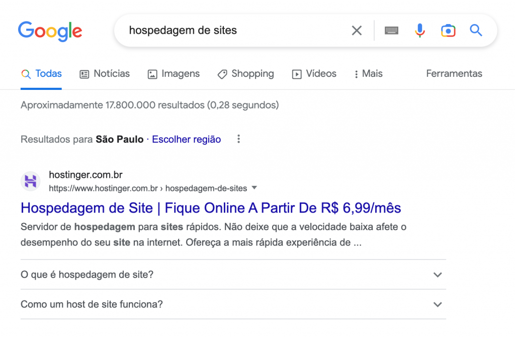 página de resultados do termo "hospedagem de sites" no google