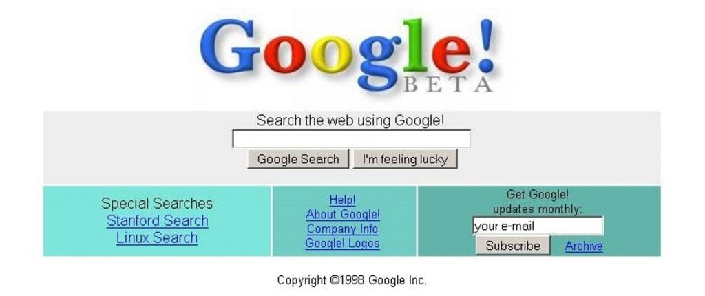 página inicial do google em 1998