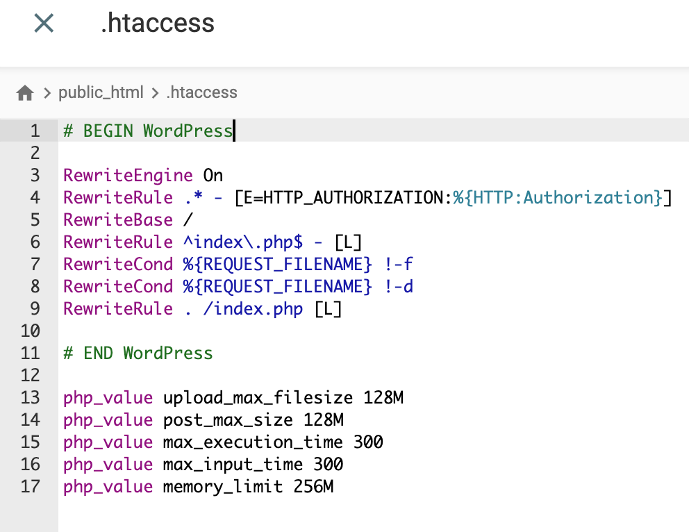 Gerenciador de arquivos do Hostinger. O conteúdo de um arquivo htaccess é mostrado