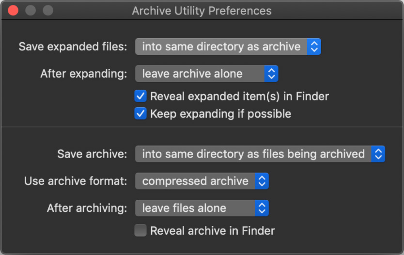 tela de configurações do archive utility no macos