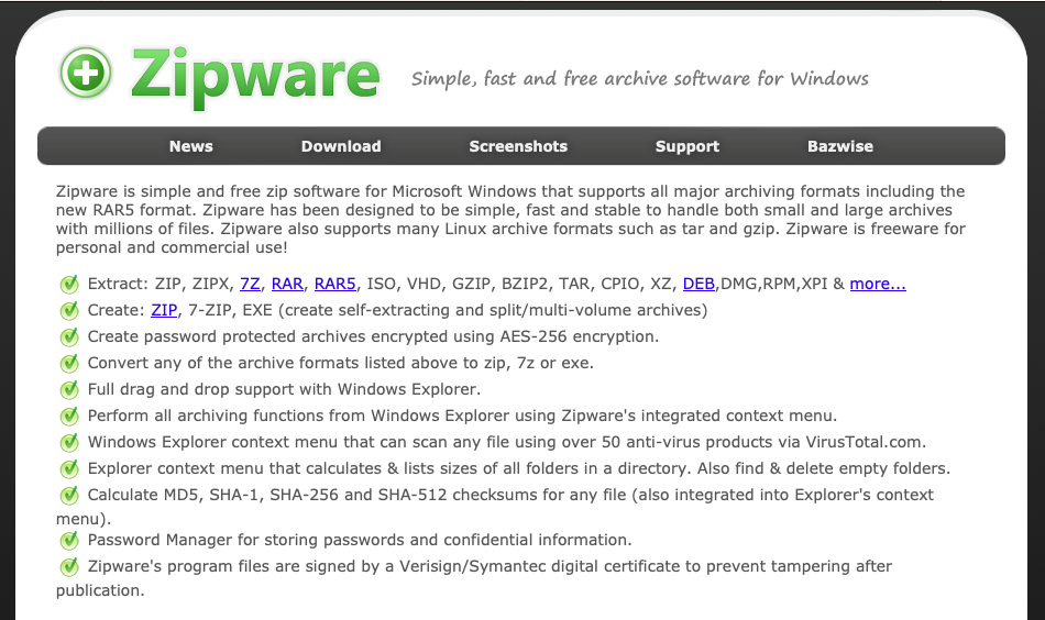 zipware, descompactador de arquivos para windows