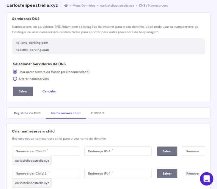 opção de criar nameservers personalizados na hostinger