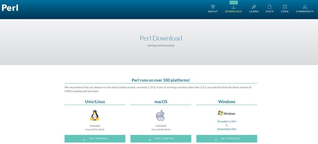 Página de downloads da linguagem Perl em seu site oficial