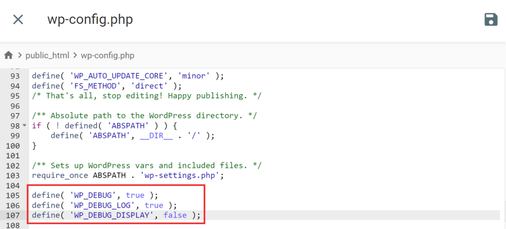 editando o arquivo wp-config.php para configurar o log de erros php