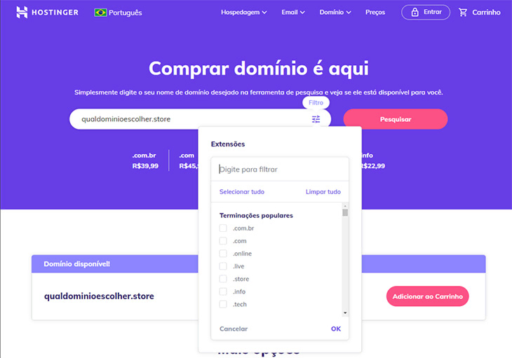 filtro de dominios da hostinger, lugar onde você pode registrar um domínio