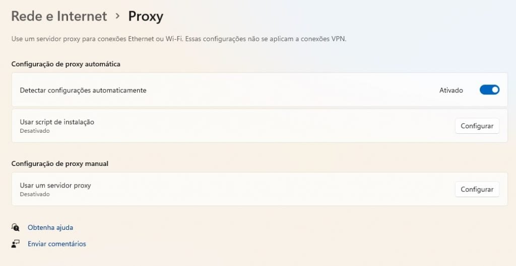 Seção de configurações de Proxy no Windows 11