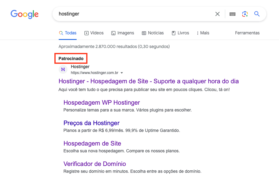 termo de busca "Hostinger" patrocinado no google