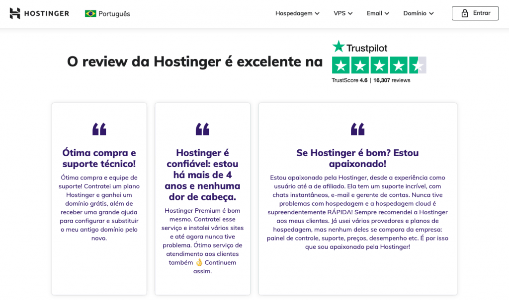 página de reviews da Hostinger com testemunhos de clientes