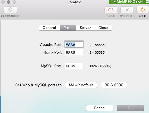 Configuração de portas no MAMP server