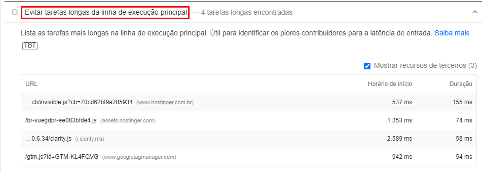 Evitar tarefas longas da linha de execução principal no google pagespeed insights