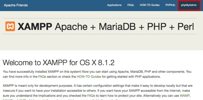 Informações do XAMPP para acesso phpMyAdmin
