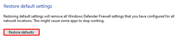 opção de restaurar padrões no firewall do windows