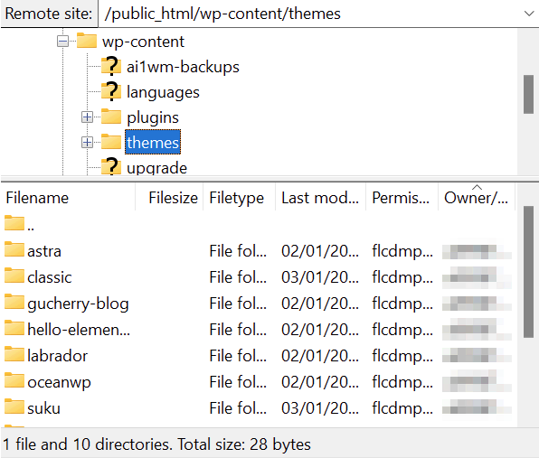 pasta themes (temas) no filezilla em um servidor de site wordpress