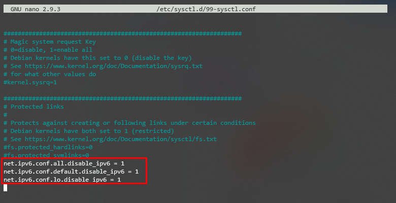 Saída do terminal com linhas adicionadas ao arquivo 99-sysctl.conf para desabilitar o IPv6