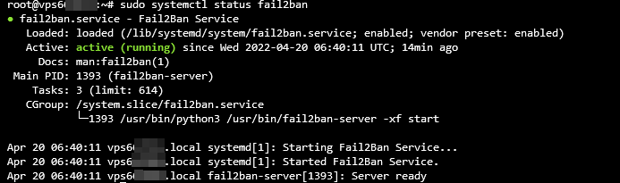 Saída do terminal mostrando que o status Fail2Ban está ativo