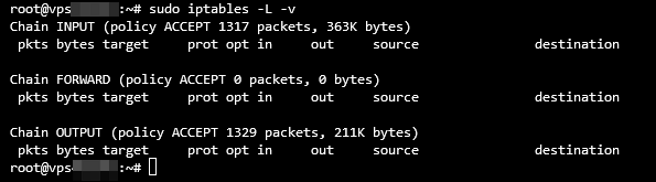 Saída do terminal das regras atuais do iptables