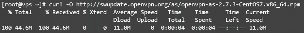 Saída do terminal durante o download do pacote OpenVPN