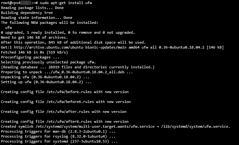 Saída do terminal ao instalar o firewall UFW