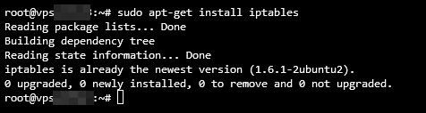 Saída do terminal durante a instalação do iptables