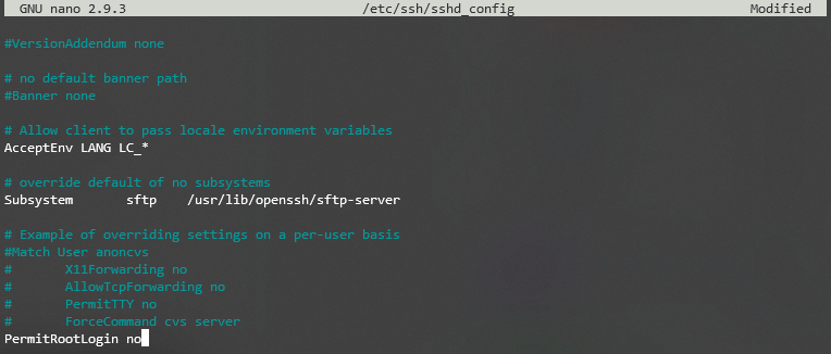 Arquivo sshd_config com parâmetro PermitRootLogin alterado para "no"