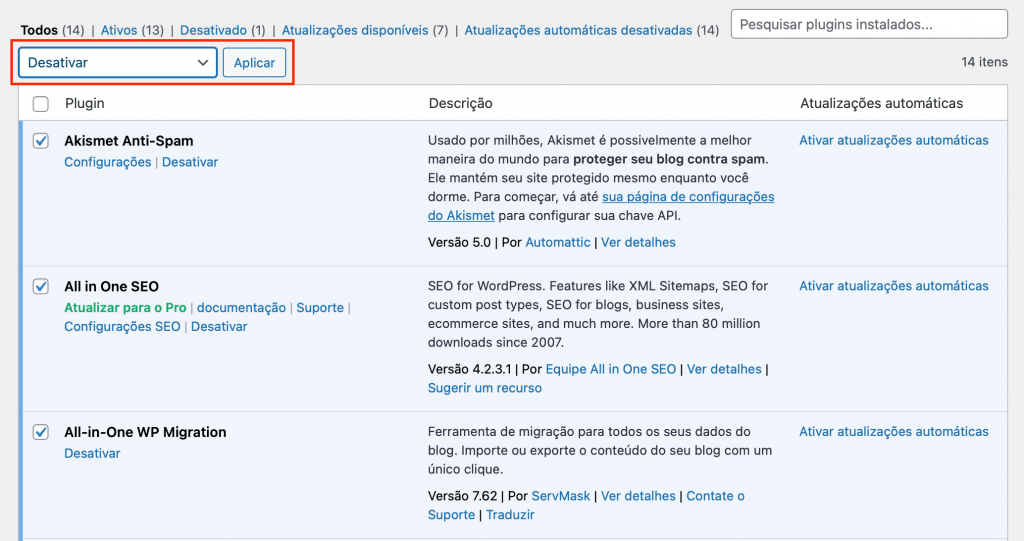 desativar plugins no wordpress